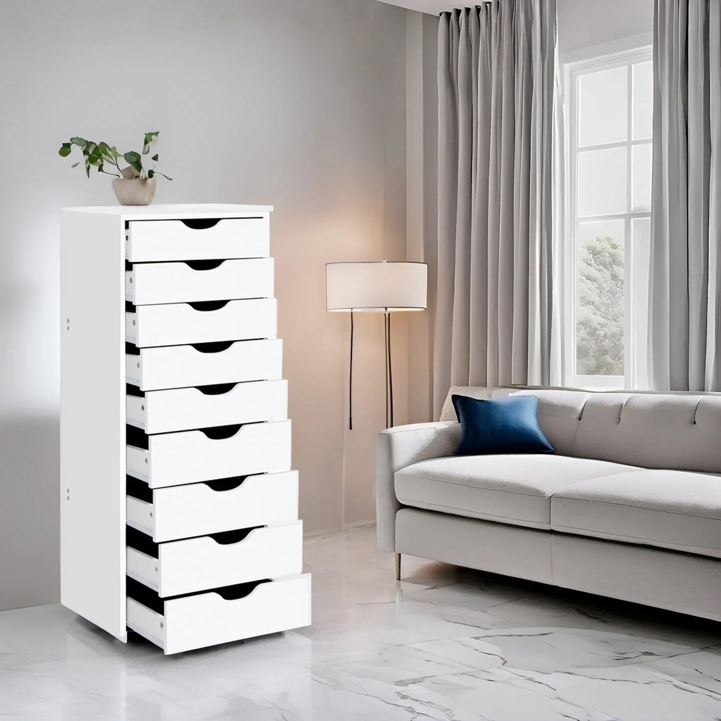 Étroite commode en bois à 9 tiroirs coulissants et étagère de rangement supérieure