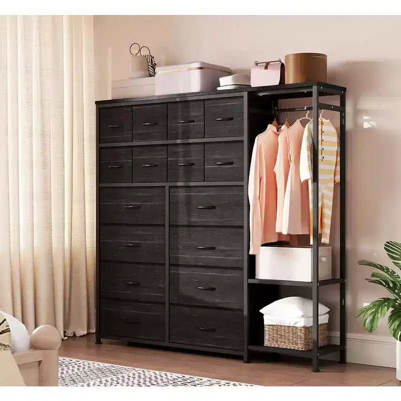 Commode de rangement avec 16 tiroirs, tringle à vêtements et étagères, organisateur de rangement en tissu pour chambre à coucher, placard ou entrée