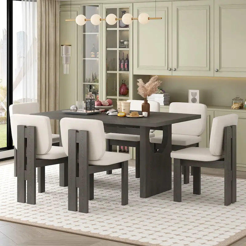 Ensemble de salle à manger transitionnel 7 pièces en bois avec table rectangulaire et 6 chaises