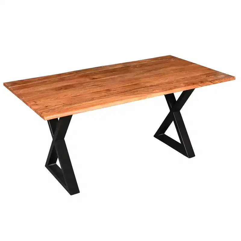 Table à manger rectangulaire Royal Hampton de 67 pouces avec pieds en métal croisés et plateau en bois d'acacia aspect bois naturel