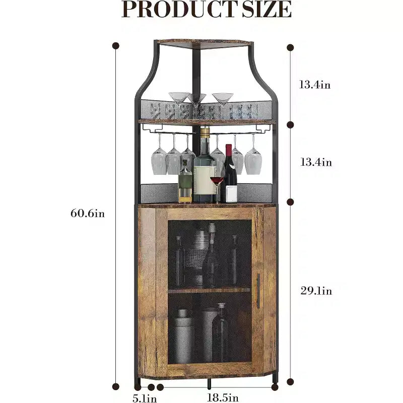 Meuble de bar d'angle CuisinSmart avec casier à vin amovible, meuble de bar avec porte-verres, petit buffet et armoire de rangement avec porte grillagée