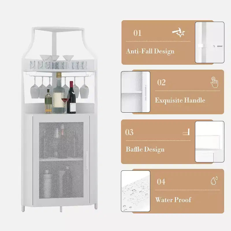 Meuble de bar d'angle CuisinSmart avec casier à vin amovible, meuble de bar avec porte-verres, petit buffet et armoire de rangement avec porte grillagée