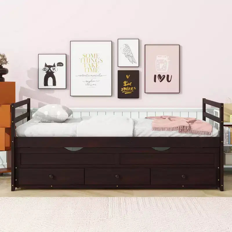 Lit de repos double avec lit gigogne et trois tiroirs de rangement, Lit plateforme en bois avec tête de lit et pied de lit pour enfants