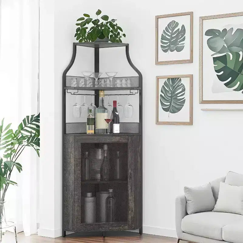 Meuble de bar d'angle CuisinSmart avec casier à vin amovible, meuble de bar avec porte-verres, petit buffet et armoire de rangement avec porte grillagée