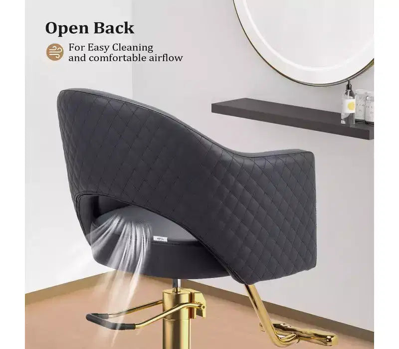 Chaise de coiffure pivotante Karl Home noire robuste à 360° avec dossier à motif losanges et repose-pieds doré