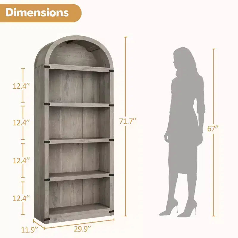 GustoWave Bibliothèque Haute de 181,96 cm, Étagère Murale Arched Style Ferme, Rangement d'Exposition, Étagères en Bois, Blanc/Gris