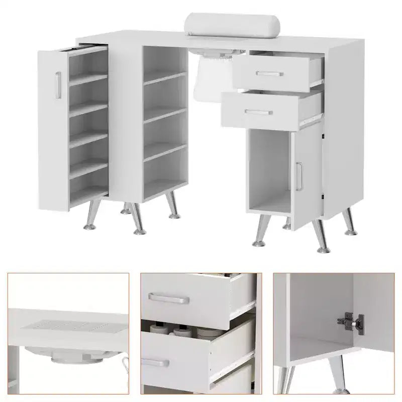 Table de manucure GustoWave de 42,5 po avec repose-poignet et aspirateur de poussière, bureau à ongles avec casier coulissant vertical, blanc