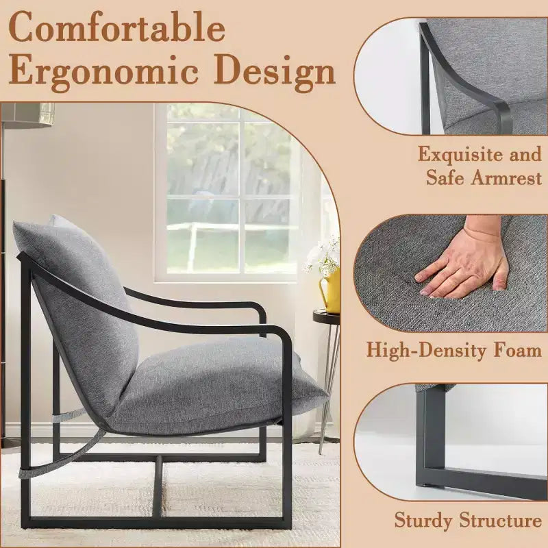 Fauteuil d'appoint Sling, 2 chaises de salon à structure métallique avec coussin amovible, fauteuil d'appoint pour cour, balcon, chambre