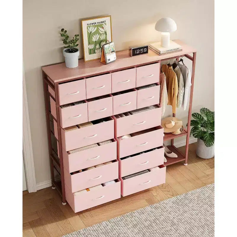 Commode de rangement avec 16 tiroirs, tringle à vêtements et étagères, organisateur de rangement en tissu pour chambre à coucher, placard ou entrée