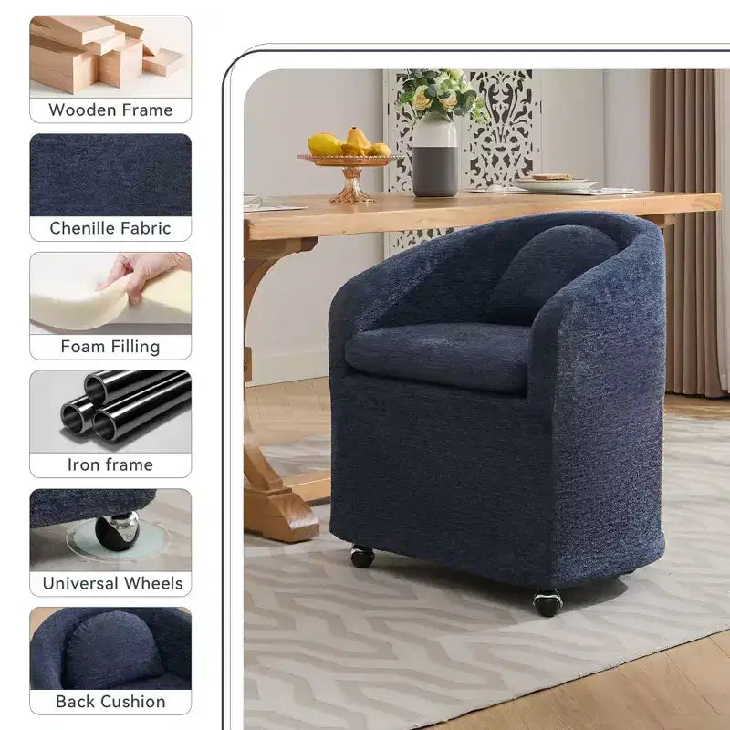 Okak Lot de 2 chaises de salle à manger modernes, chaises de salle à manger confortables en chenille avec roulettes universelles et coussins épais, chaises d'appoint de cuisine rembourrées