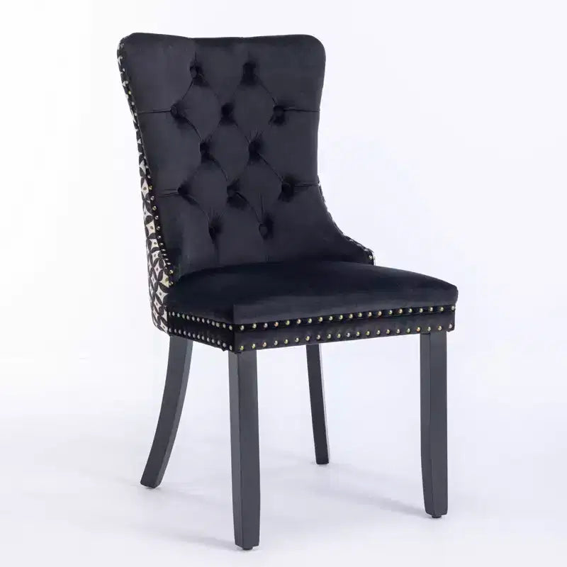 Lot de 2 chaises de salle à manger en velours noir classique, chaises de salle à manger contemporaines en bois massif capitonnées en velours avec pieds en bois cloutés