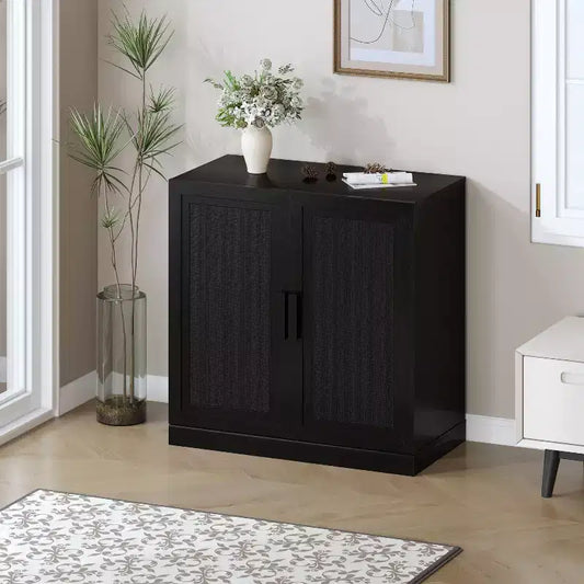 1 meuble de rangement en grain de bois noir (porte en osier), meuble de rangement décoratif