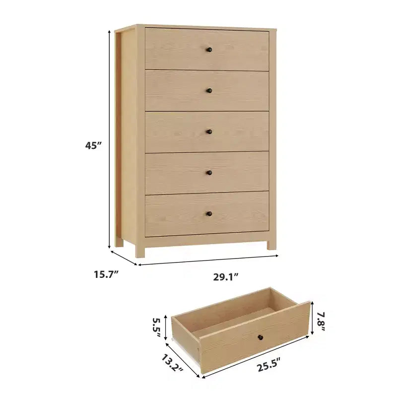 Commode moderne à 5 tiroirs avec rangement profond, coffre en bois élégant pour chambre à coucher, salon, entrée, offrant un grand espace pour une décoration intérieure organisée