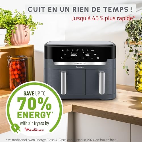 Moulinex air fryer deux compartiments, très grande capacité 11L, 10 personnes, 7 Programmes automatiques, friteuse sans huile, Ecran tactile digital, Dual inox, EZ942BF0, Gris foncé : Cuisine et Maison