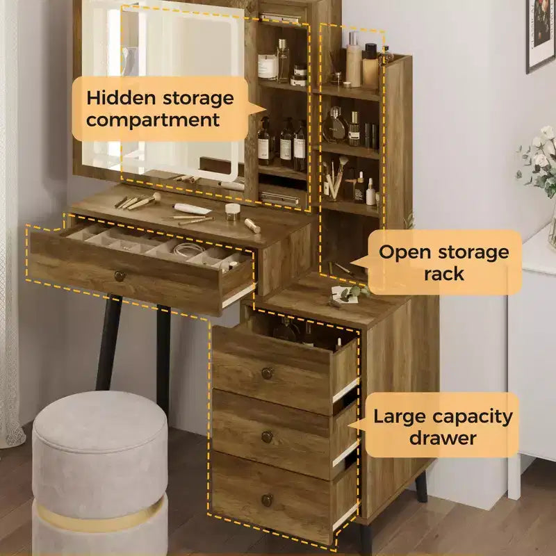 Coiffeuse avec miroir lumineux, table de maquillage Hollywood 3 couleurs dimmable avec 4 tiroirs