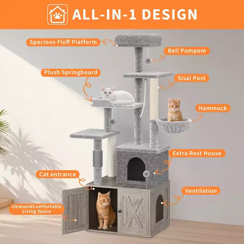 Arbre à chat et tour d'activité moderne 2-en-1 avec cache-litière, meuble pour chat tout-en-un, maison en bois avec espace litière caché pour chaton, avec hamac et poteaux à griffer
