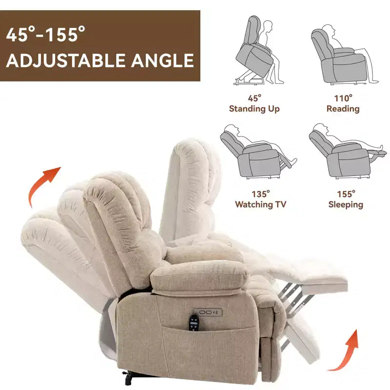 CLIHOME Fauteuil inclinable électrique releveur en chenille grande taille, largeur d'assise 23 pouces et dossier haut, avec massage vibrant 8 points et chauffage lombaire