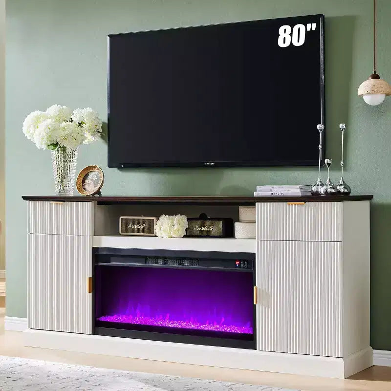 Meuble TV de cheminée cannelé de 70 po pour téléviseurs de 80 po, centre de divertissement moderne avec cheminée électrique de 36 po, console TV multimédia en bois avec rangement
