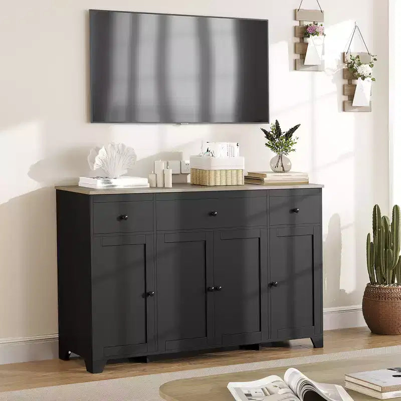1 Buffet en aggloméré 15 mm E1 avec 4 portes et 3 tiroirs pour salle à manger, doté d'une construction durable, d'un rangement spacieux, d'un design élégant et d'un assemblage facile