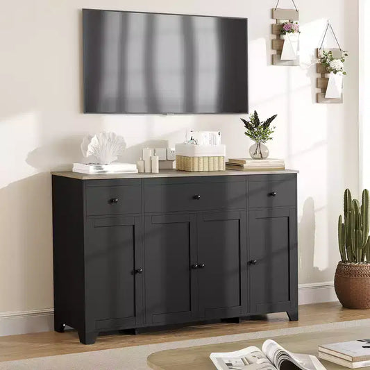 1 Buffet en aggloméré 15 mm E1 avec 4 portes et 3 tiroirs pour salle à manger, doté d'une construction durable, d'un rangement spacieux, d'un design élégant et d'un assemblage facile