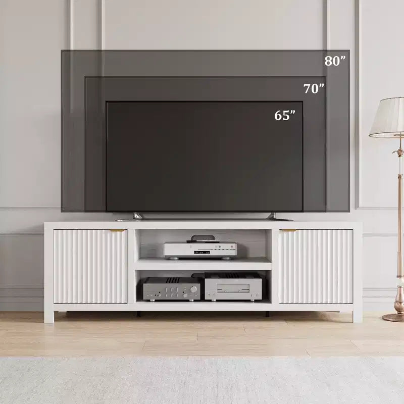 Meuble TV cannelé GustoWave pour 80 pouces, meuble de divertissement moderne avec rangement, meuble console média en bois avec porte et poignée cannelées