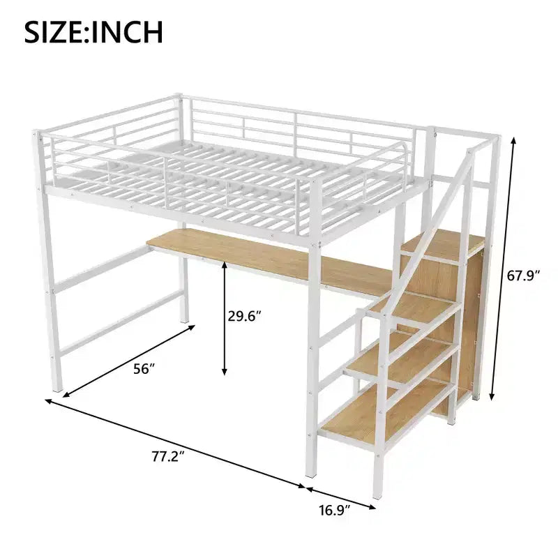 Okak Lit superposé en métal grandeur nature avec bureau et escalier de rangement et barrière de sécurité Lit mezzanine avec petite armoire et LED pour enfants adolescents Assemblage facile