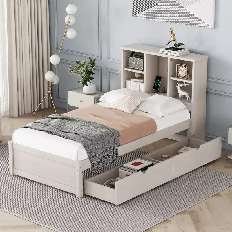 Bellemave Lit plateforme jumeau avec tête de lit bibliothèque et 2 tiroirs de rangement, lit plateforme en panneau de particules avec port de chargement USB