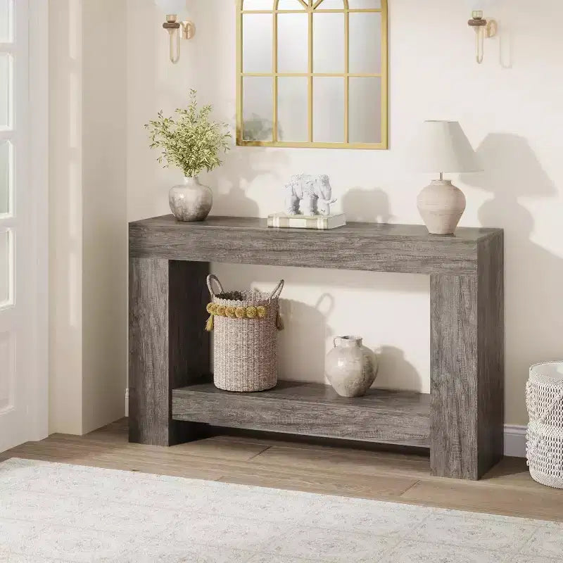 Console 2 niveaux pour salon et entrée, grande table de canapé avec rangement, table d'entrée de couloir, longue table d'entrée pour l'organisation de la décoration