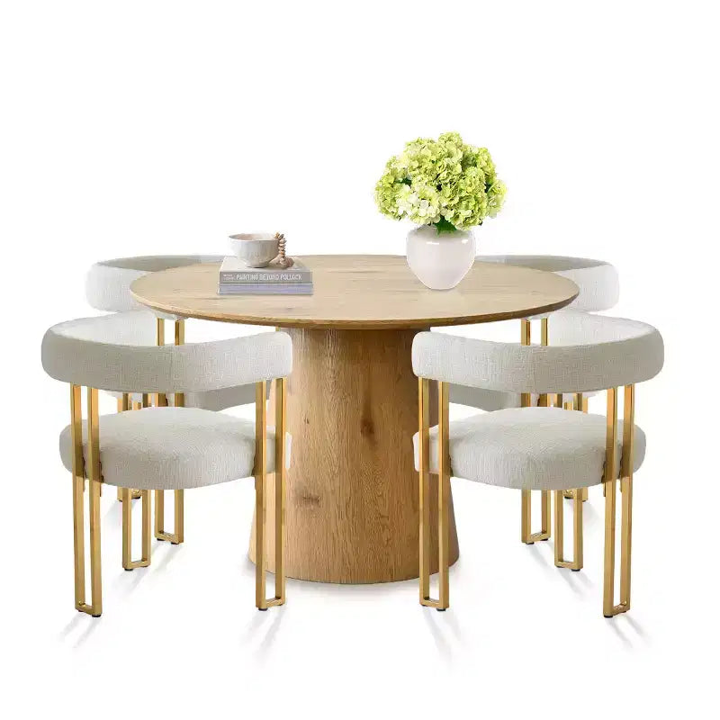 Ensemble table à manger ronde extensible en ovale avec 4 fauteuils en velours, design piédestal moderne, jusqu'à 8 personnes - Panipeachy