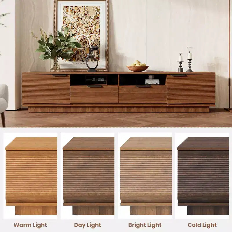 Meuble TV GDFStudio Yaakov 78 moderne et minimaliste avec lignes épurées, 2 tiroirs profonds et étagères ouvertes