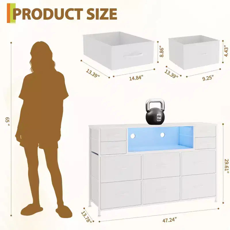 Commode de rangement à 10 tiroirs avec support TV, bande lumineuse LED et prises électriques, commode en tissu avec plateau en bois, meuble TV pour téléviseur de 55 pouces, commode de rangement