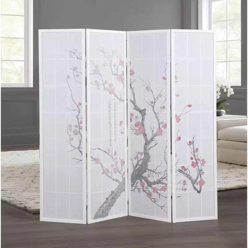 Séparateur de pièce Roundhill Furniture à 4 panneaux japonais, motif fleur de prunier