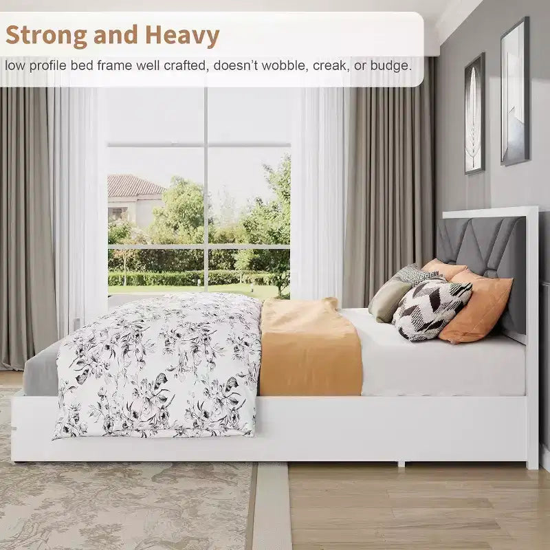 Cadre de lit tapissé GustoWave double/grand lit/très grand lit pour chambre à coucher, tête de lit moelleuse à capitonnage, support à lattes en bois, blanc