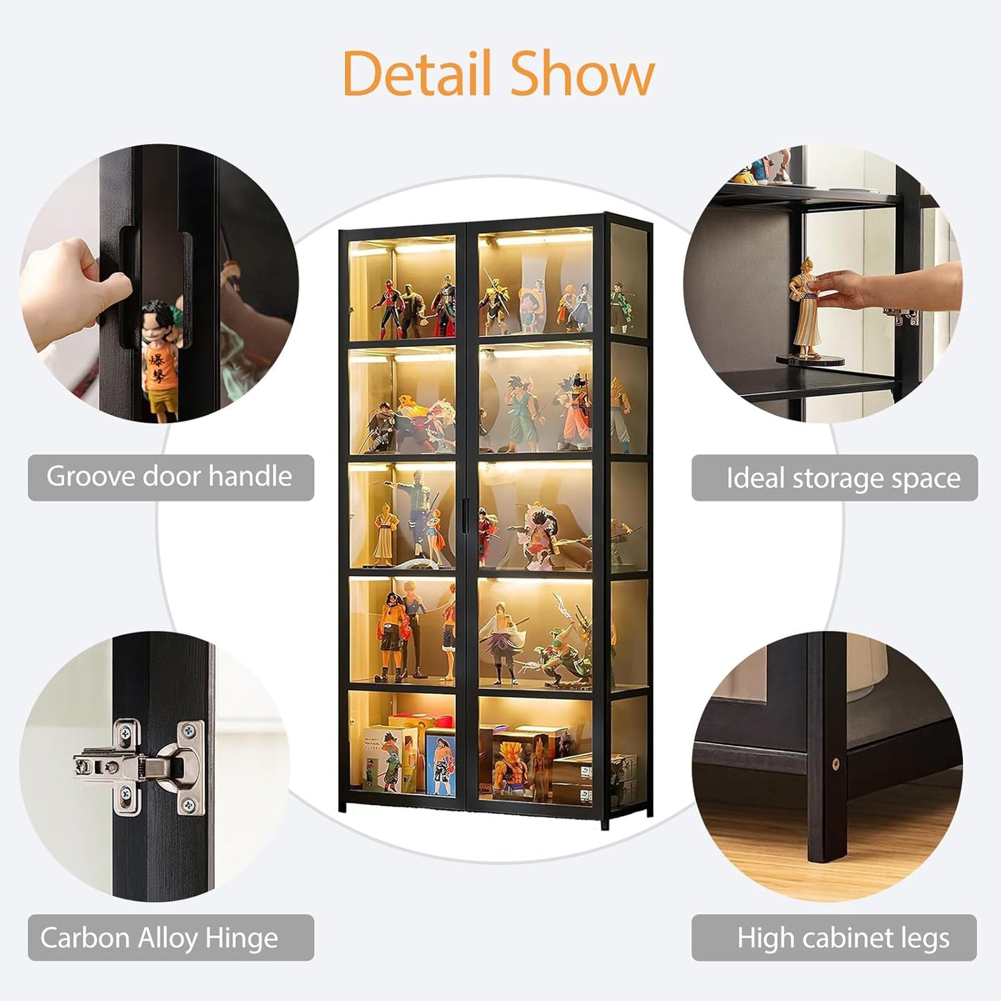 Vitrine avec porte en verre acrylique, vitrine curio à 5 niveaux pour objets de collection, double ouverture noire