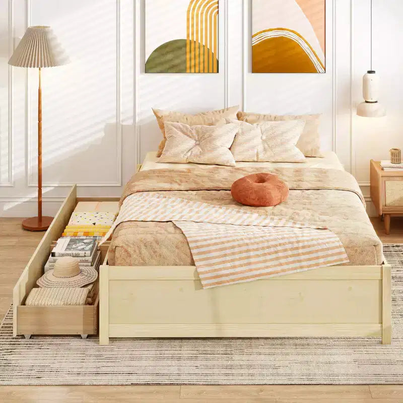 Lit plateforme en bois Costway, pleine/double, avec 2 tiroirs de rangement roulants, support à lattes en bois, naturel/blanc