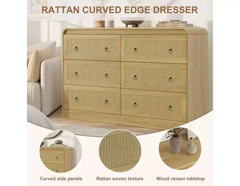 Commode à 6 tiroirs en rotin pour chambre à coucher, commode en bois de 117 cm de large, meuble TV, organisateur de rangement pour vêtements pour salon, noir