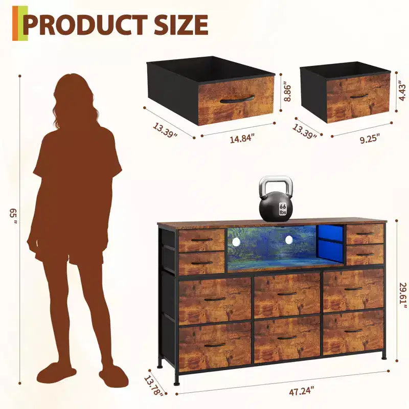Commode de rangement à 10 tiroirs avec support TV, bande lumineuse LED et prises électriques, commode en tissu avec plateau en bois, meuble TV pour téléviseur de 55 pouces, commode de rangement