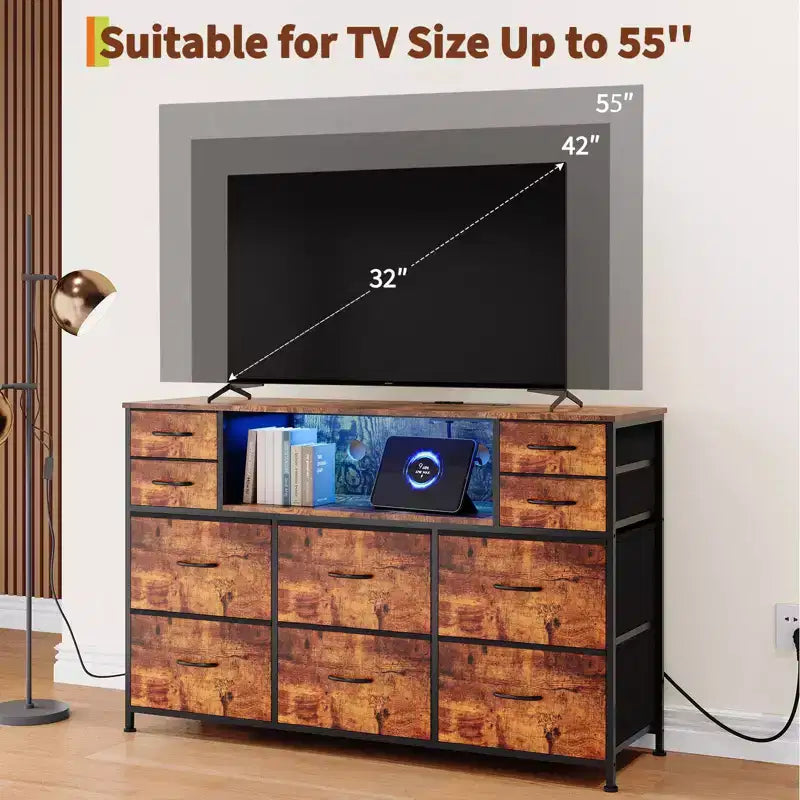 Commode de rangement à 10 tiroirs avec support TV, bande lumineuse LED et prises électriques, commode en tissu avec plateau en bois, meuble TV pour téléviseur de 55 pouces, commode de rangement
