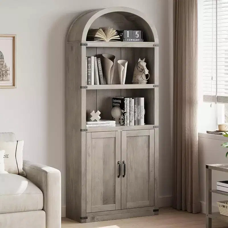 Bibliothèque avec portes Étagère cintrée 182 cm de haut Bibliothèque de style rustique avec étagères Bibliothèques en bois pour la maison, le bureau, le salon