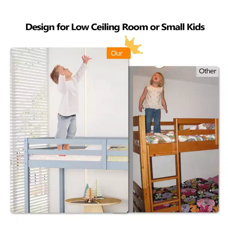 Lit mezzanine Karl Home Gray Wood Junior avec escalier pleine grandeur pour adultes, enfants et jeunes adolescents