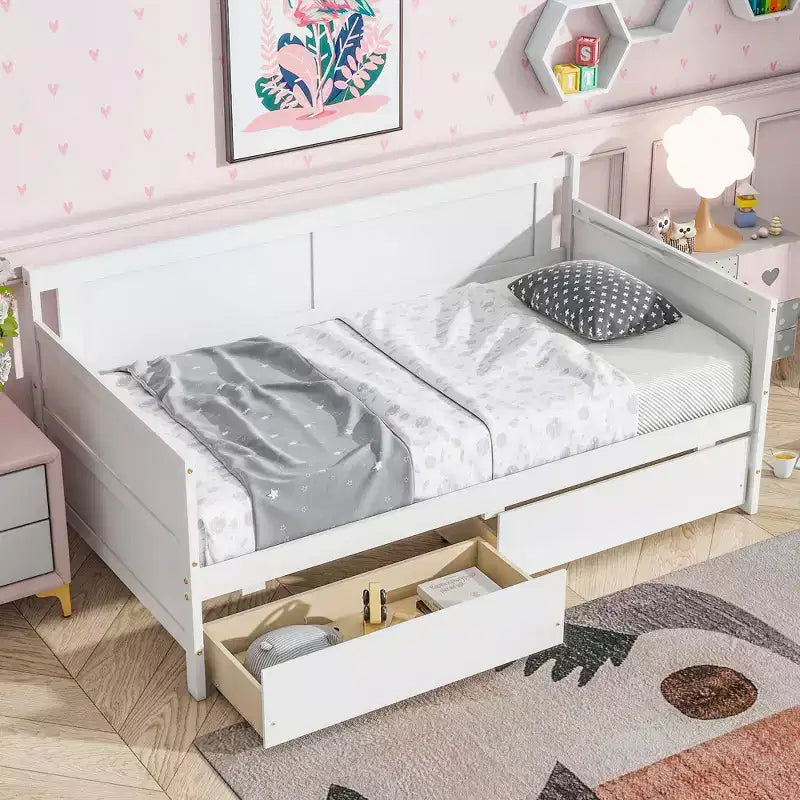Lit de repos double avec deux tiroirs de rangement, Lit plateforme en bois avec rangement pour chambre à coucher