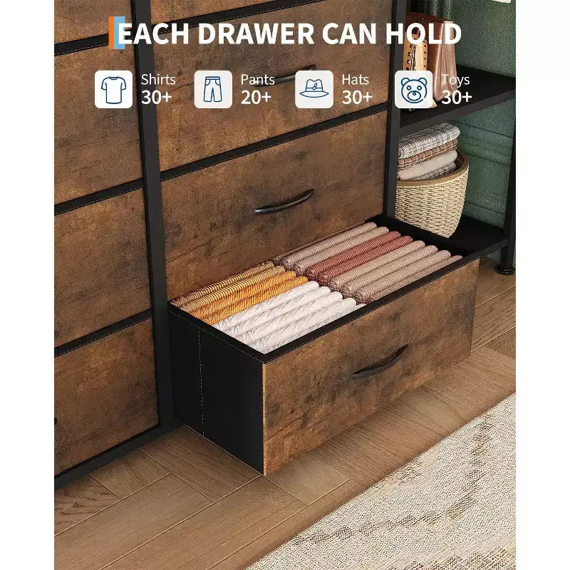 Commode de rangement avec 16 tiroirs, tringle à vêtements et étagères, organisateur de rangement en tissu pour chambre à coucher, placard ou entrée