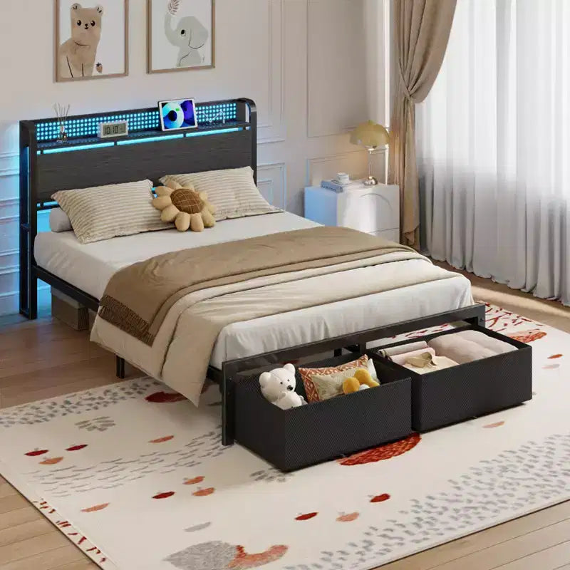 Cadre de lit plateforme pleine grandeur 2 tiroirs de rangement Tête de lit Lumières LED Station de charge Métal Bois robuste Pas besoin de sommier Chambre d'amis USB