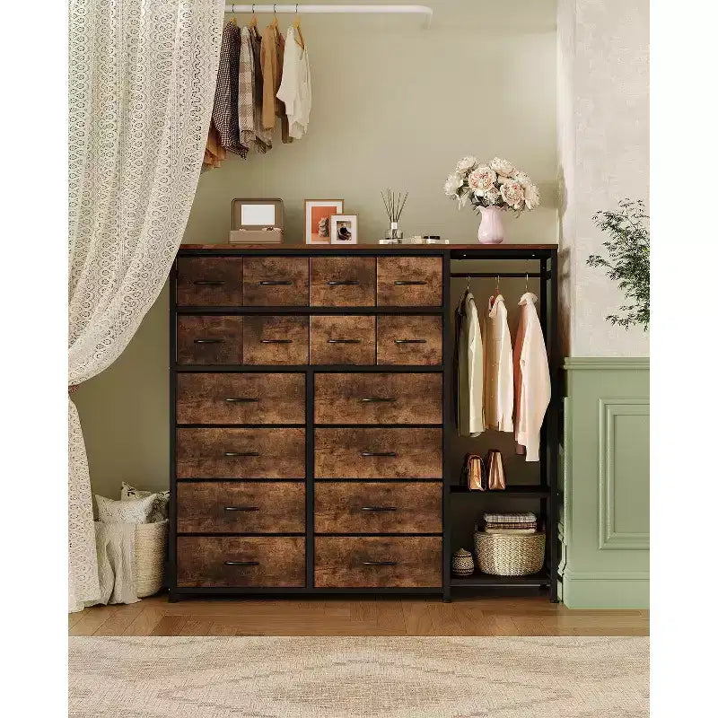 Commode de rangement avec 16 tiroirs, tringle à vêtements et étagères, organisateur de rangement en tissu pour chambre à coucher, placard ou entrée