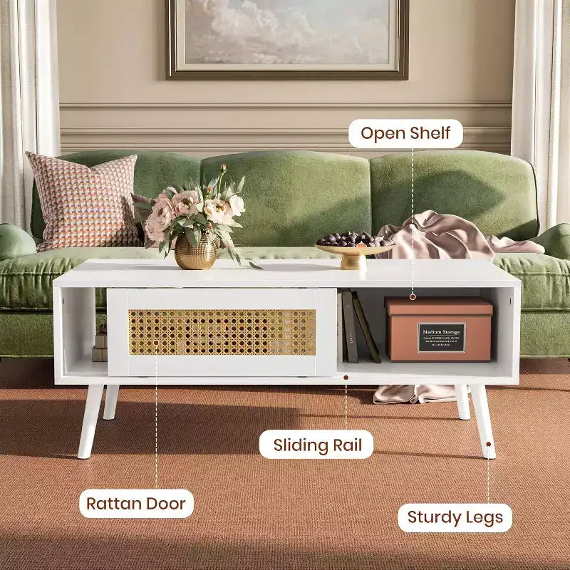 39.4 Table basse bohème en rotin, table de salon moderne en bois avec porte coulissante et étagère de rangement ouverte, patins antidérapants