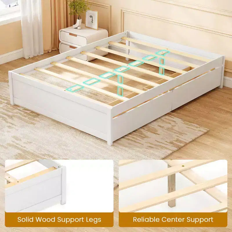 Lit plateforme en bois Costway, pleine/double, avec 2 tiroirs de rangement roulants, support à lattes en bois, naturel/blanc