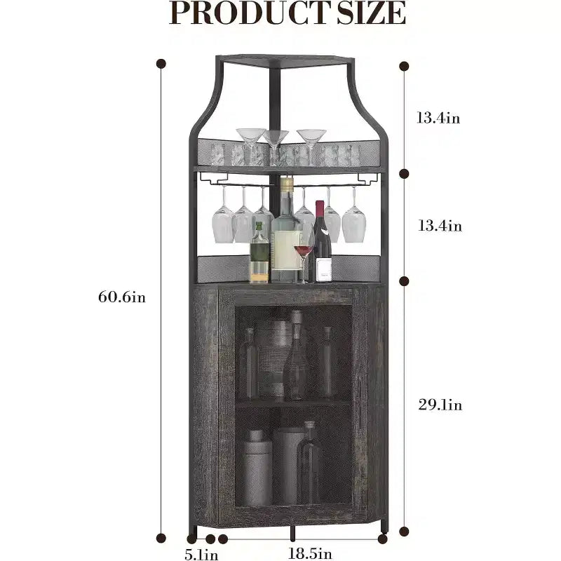 Meuble de bar d'angle CuisinSmart avec casier à vin amovible, meuble de bar avec porte-verres, petit buffet et armoire de rangement avec porte grillagée