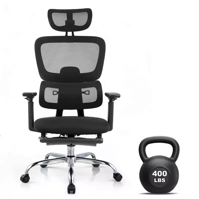 Chaise de bureau ergonomique en maille, Chaise de bureau à dossier haut avec support lombaire réglable 136 kg, Accoudoirs relevables 4D, Dossier inclinable sur 3 niveaux, Appuie-tête 3D, Roues en PU