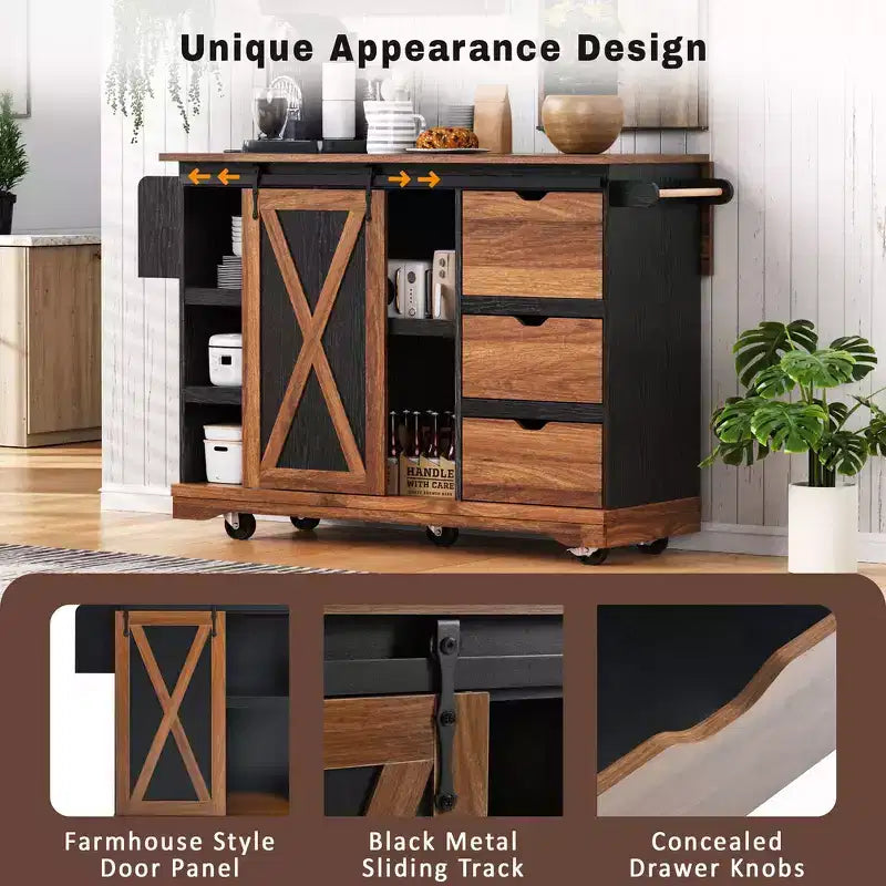 Îlot de cuisine de ferme Whisen 55.5 avec abattant, porte coulissante et station de recharge, design roulant