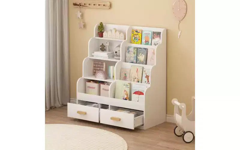 Étagère à livres pour enfants avec 2 tiroirs de rangement, bibliothèque frontale et organisateur de jouets, blanc